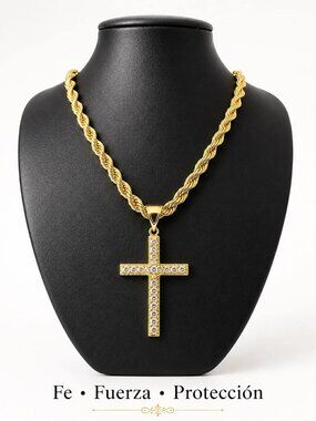 14K GP Jesus Christ Cross Crucifix Pendant CZ, Rope Torch Chain 22-Inch 6mm